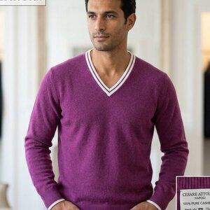 Cesare Attoloni Napoli 100%pure  Cashmere  Purple V-Neck Sweater Size 50 /L USA